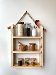 Rustic Pine Wood Hanging Rope Shelf – Multi-Tier Wall Storage Rack
